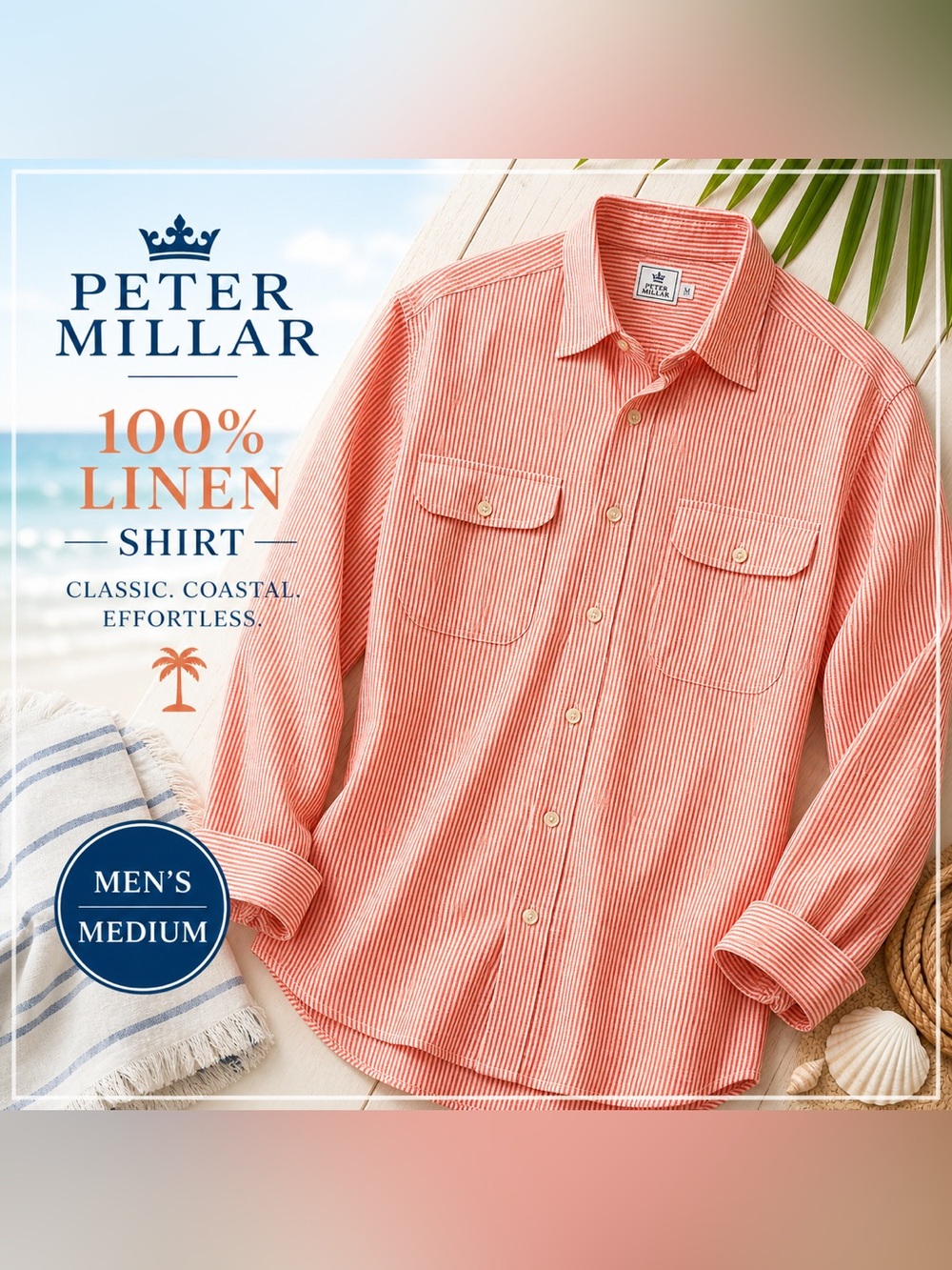 Peter Millar 100% Linen Shirt Mens M Medium Orange White Stripe Button Down